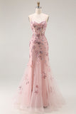 Mermaid Corset Strapless Sequin Blush Prom Dress with Appliques