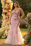 Strapless Blush Corset Mermaid Sequin Tulle Plus Size Prom Dress