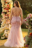 Strapless Blush Corset Mermaid Sequin Tulle Plus Size Prom Dress