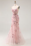 Mermaid Corset Strapless Sequin Blush Prom Dress with Appliques