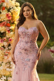 Strapless Blush Corset Mermaid Sequin Tulle Plus Size Prom Dress