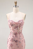 Mermaid Corset Strapless Sequin Blush Prom Dress with Appliques