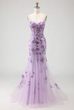 Purple Mermaid Corset Strapless Sequin Prom Dress with Appliques