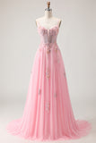 Sparkly Pink Corset Beaded A Line Prom Dress