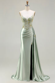 Green Satin Mermaid Corset Appliqued Prom Dress
