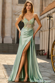 Green Beaded Satin Mermaid Long Prom Dress With Slit