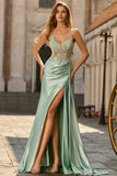 Green Satin Mermaid Corset Appliqued Prom Dress