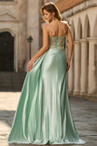 Green Satin Mermaid Corset Appliqued Prom Dress
