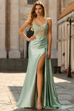 Green Beaded Satin Mermaid Long Prom Dress With Slit