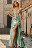 Green Beaded Satin Mermaid Long Prom Dress With Slit
