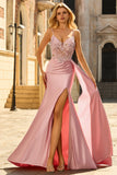 Green Beaded Satin Mermaid Long Prom Dress With Slit