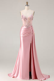 Mermaid Pink Corset Appliqued Sequin Prom Dress