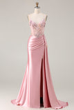 Mermaid Pink Corset Appliqued Sequin Prom Dress