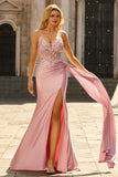 Green Beaded Satin Mermaid Long Prom Dress With Slit