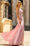 Green Beaded Satin Mermaid Long Prom Dress With Slit