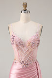 Mermaid Pink Corset Appliqued Sequin Prom Dress