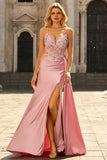 Mermaid Pink Corset Appliqued Sequin Prom Dress