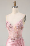 Mermaid Pink Corset Appliqued Sequin Prom Dress