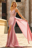 Green Beaded Satin Mermaid Long Prom Dress With Slit
