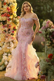 Corset Blush Mermaid Appliqued Plus Size Prom Dress With Ruffles