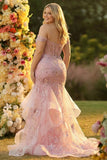 Corset Blush Mermaid Appliqued Plus Size Prom Dress With Ruffles
