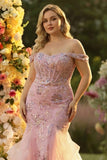 Corset Blush Mermaid Appliqued Plus Size Prom Dress With Ruffles