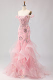 Green Mermaid Corset Appliqued Prom Dress with Ruffles