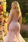 Corset Blush Mermaid Appliqued Plus Size Prom Dress With Ruffles