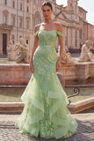 Green Mermaid Corset Appliqued Prom Dress with Ruffles