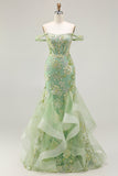 Green Mermaid Corset Appliqued Prom Dress with Ruffles