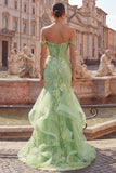 Green Mermaid Corset Appliqued Prom Dress with Ruffles