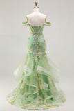 Green Mermaid Corset Appliqued Prom Dress with Ruffles
