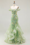 Green Mermaid Corset Appliqued Prom Dress with Ruffles