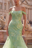 Green Mermaid Corset Appliqued Prom Dress with Ruffles