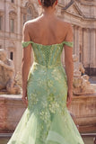 Green Mermaid Corset Appliqued Prom Dress with Ruffles