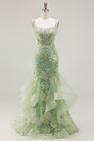 Green Mermaid Corset Appliqued Prom Dress with Ruffles
