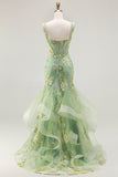 Green Mermaid Corset Appliqued Prom Dress with Ruffles