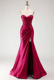 Burgundy Strapless Satin Mermaid Corset Prom Dress