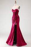 Burgundy Strapless Satin Mermaid Corset Prom Dress
