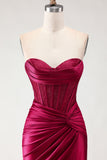 Burgundy Strapless Satin Mermaid Corset Prom Dress