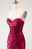 Burgundy Strapless Satin Mermaid Corset Prom Dress