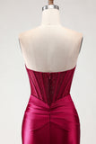 Burgundy Strapless Satin Mermaid Corset Prom Dress