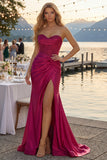 Burgundy Strapless Satin Mermaid Corset Prom Dress