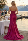 Burgundy Strapless Satin Mermaid Corset Prom Dress