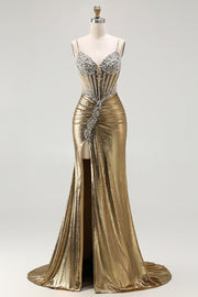 Sparkly Golden Metallic Mermaid Prom Dress with Rhinestones