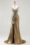 Sparkly Golden Metallic Mermaid Prom Dress with Rhinestones