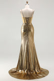 Sparkly Golden Metallic Mermaid Prom Dress with Rhinestones