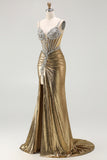 Sparkly Golden Metallic Mermaid Prom Dress with Rhinestones