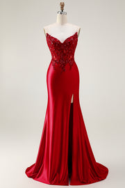 Red Mermaid Strapless Corset Prom Dress with Appliques