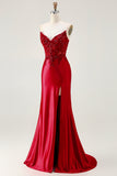 Red Mermaid Strapless Corset Prom Dress with Appliques